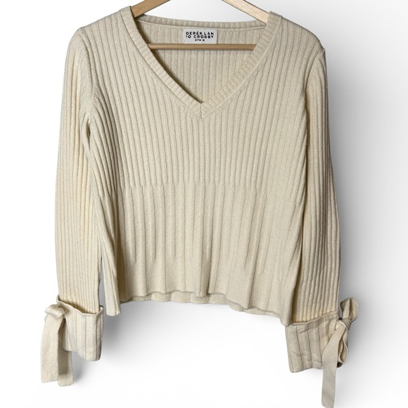 Derek Lam 10 Crosby Ribbed Tie Cuff Peplum Sweater Ivory Wool Blend V Neck - Picture 2 of 15